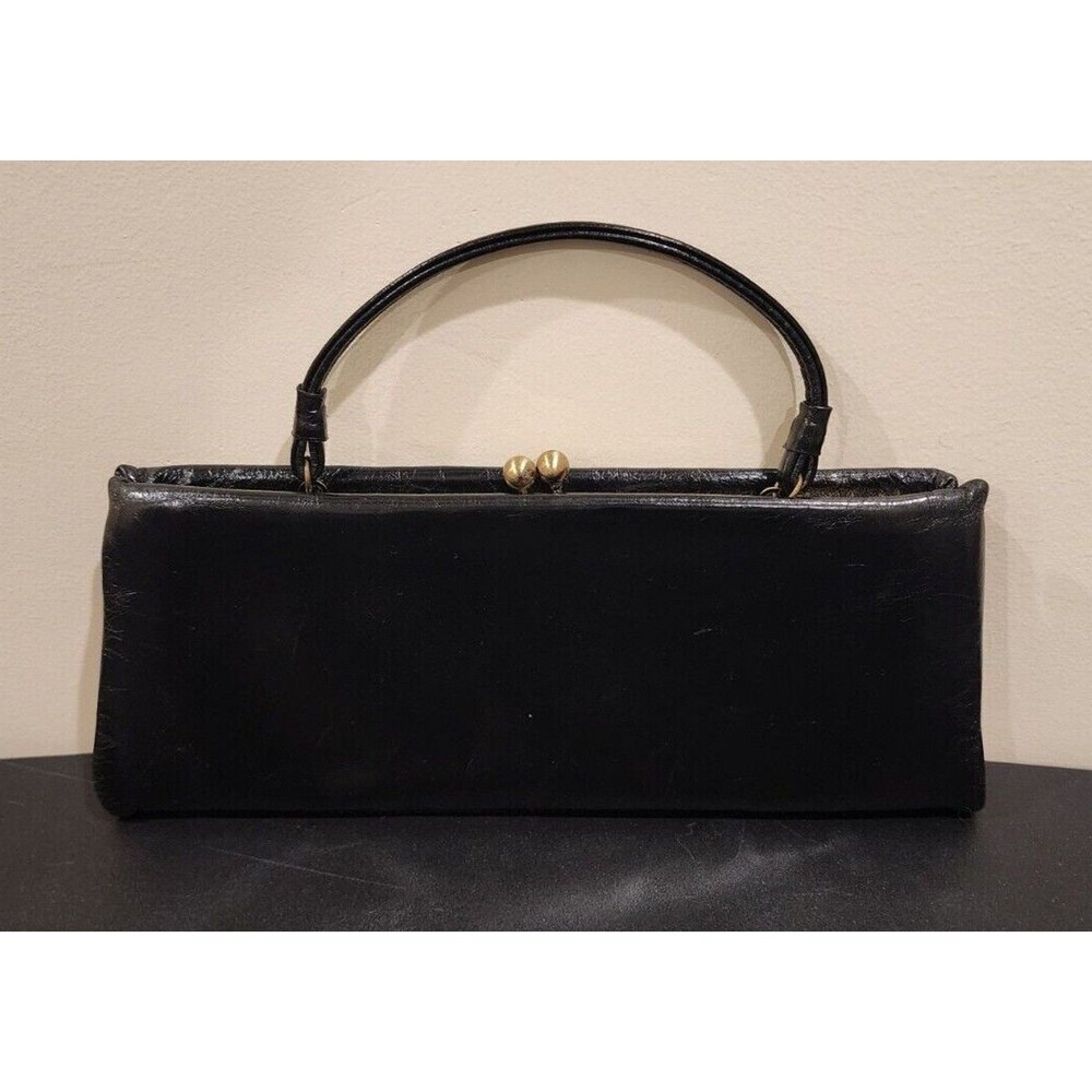 Vintage Nicole Miller Black Leather evening handbag Frame clutch purse 4.5"x11